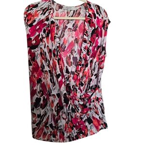 Kasper Vibrant Abstract Black Pink Gray Coral Faux Wrap Blouse